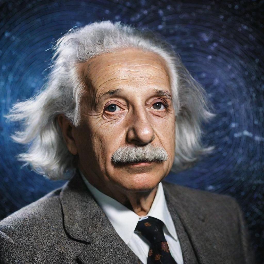 A vivid portrait of theoretical physicist Albert Einstein, his white hair wild and eyes sparkling with intelligence, in front of a background filled with mathematical equations and cosmic imagery