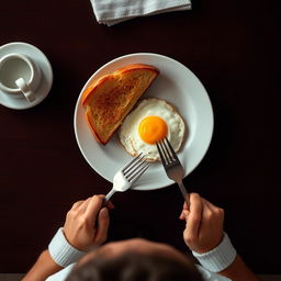 Top angle overhead shot of a breakfast scene on a dark mahogany table