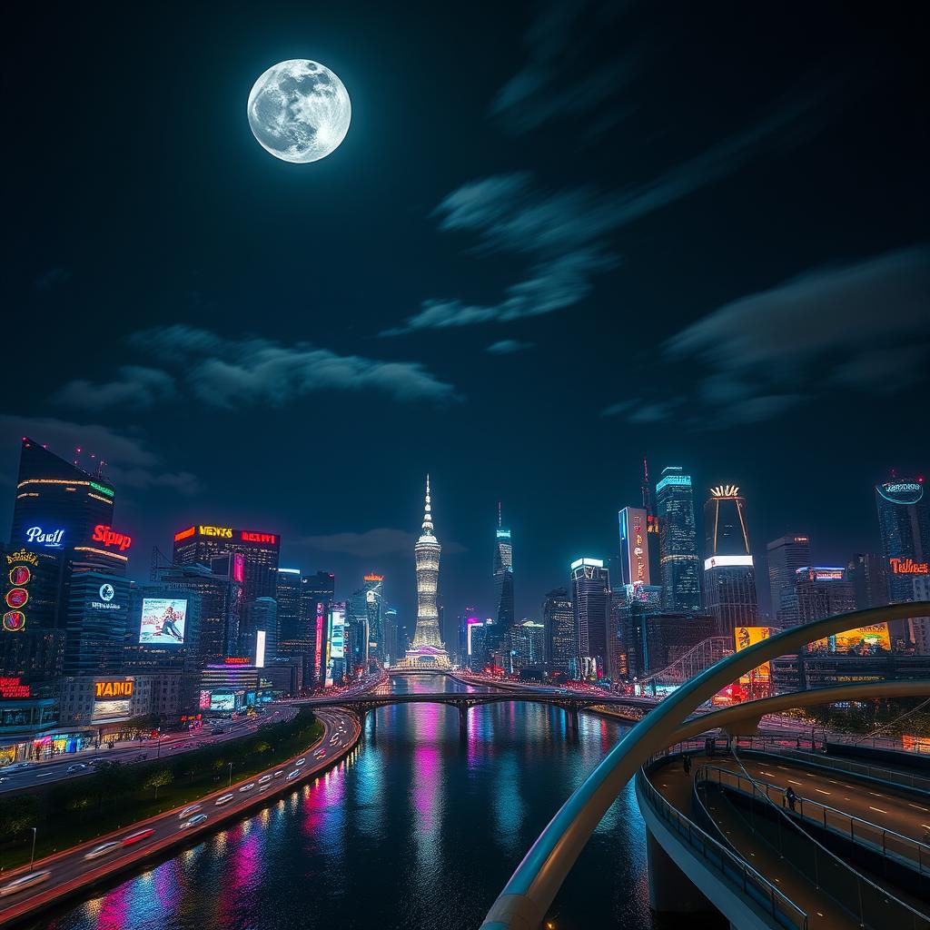 A vibrant cityscape under the night sky, showcasing a bustling urban scene with skyscrapers sparkling under the stars, reflecting off a calm river