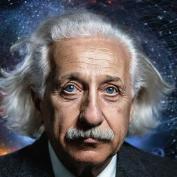 A vivid portrait of theoretical physicist Albert Einstein, his white hair wild and eyes sparkling with intelligence, in front of a background filled with mathematical equations and cosmic imagery