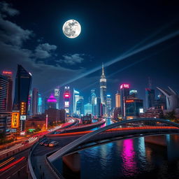 A vibrant cityscape under the night sky, showcasing a bustling urban scene with skyscrapers sparkling under the stars, reflecting off a calm river