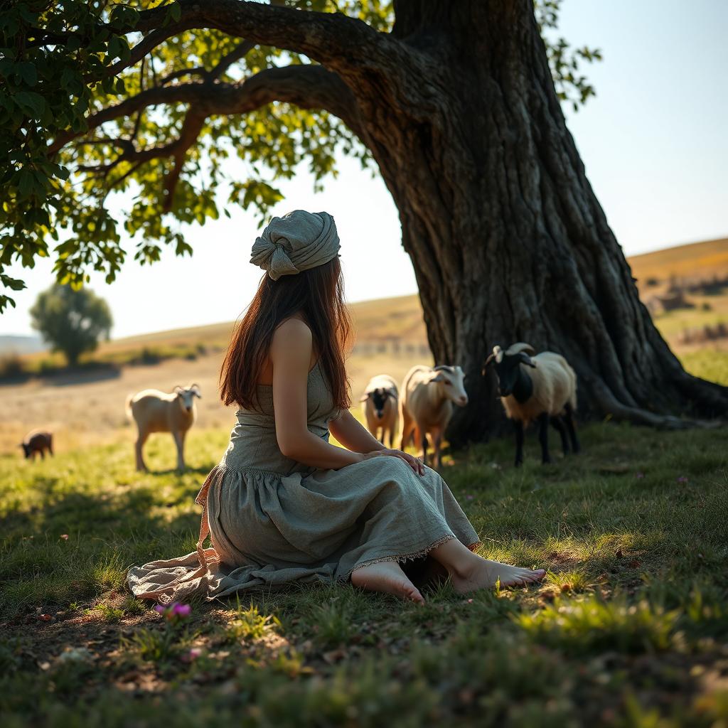 A shepherdess sitting under a tree watching her goats graze in a field