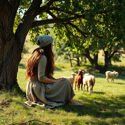 A shepherdess sitting under a tree watching her goats graze in a field