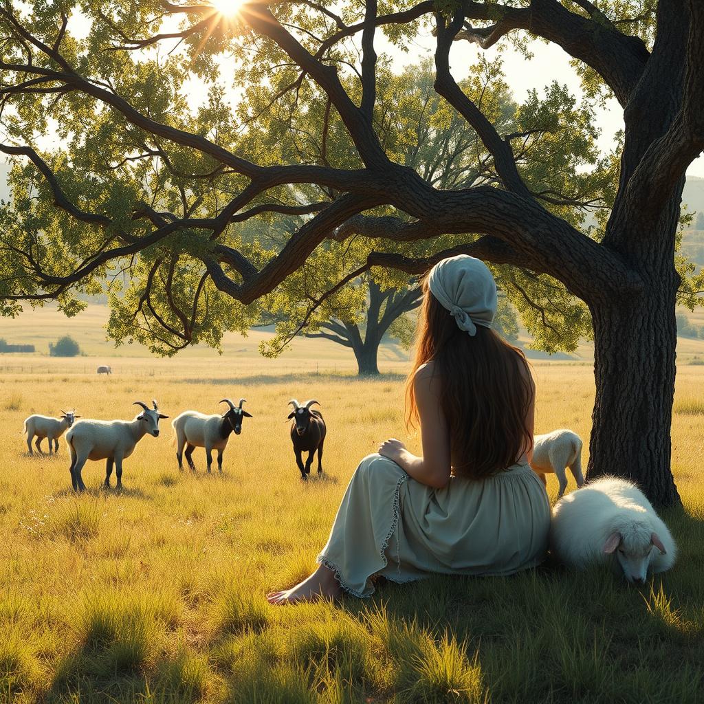 A shepherdess sitting under a tree watching her goats graze in a field