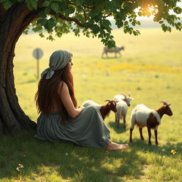 A shepherdess sitting under a tree watching her goats graze in a field