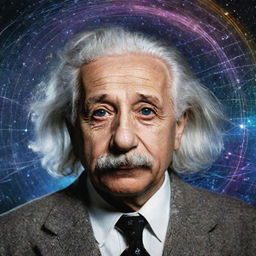 A vivid portrait of theoretical physicist Albert Einstein, his white hair wild and eyes sparkling with intelligence, in front of a background filled with mathematical equations and cosmic imagery