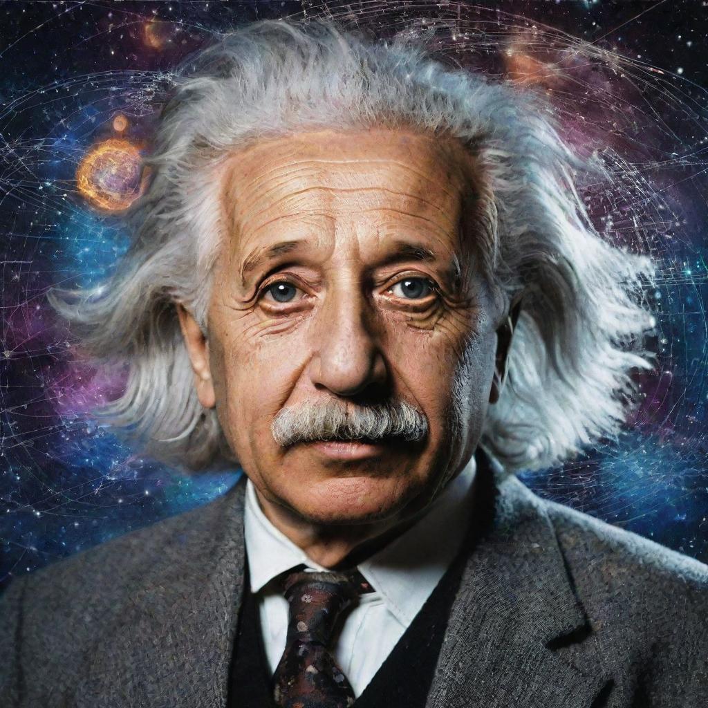 A vivid portrait of theoretical physicist Albert Einstein, his white hair wild and eyes sparkling with intelligence, in front of a background filled with mathematical equations and cosmic imagery