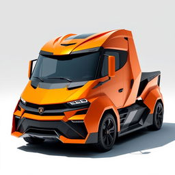 Futuristic Lamborghini Egoista truck, sleek and aerodynamic design inspired by the Lamborghini Egoista, featuring sharp angles and aggressive lines that embody speed and luxury, with a vibrant orange and grey color palette emphasizing its modern and high-performance look