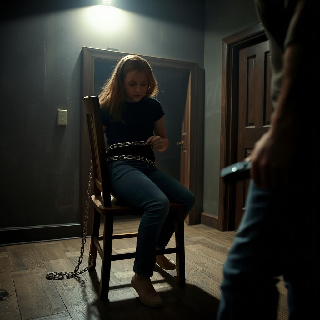 In a dimly lit, mysterious room, a girl in blue jeans and a black shirt is securely tied to a wooden chair with a sturdy chain, conveying a sense of intrigue