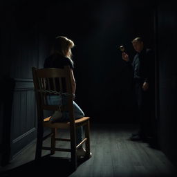 In a dimly lit, mysterious room, a girl in blue jeans and a black shirt is securely tied to a wooden chair with a sturdy chain, conveying a sense of intrigue