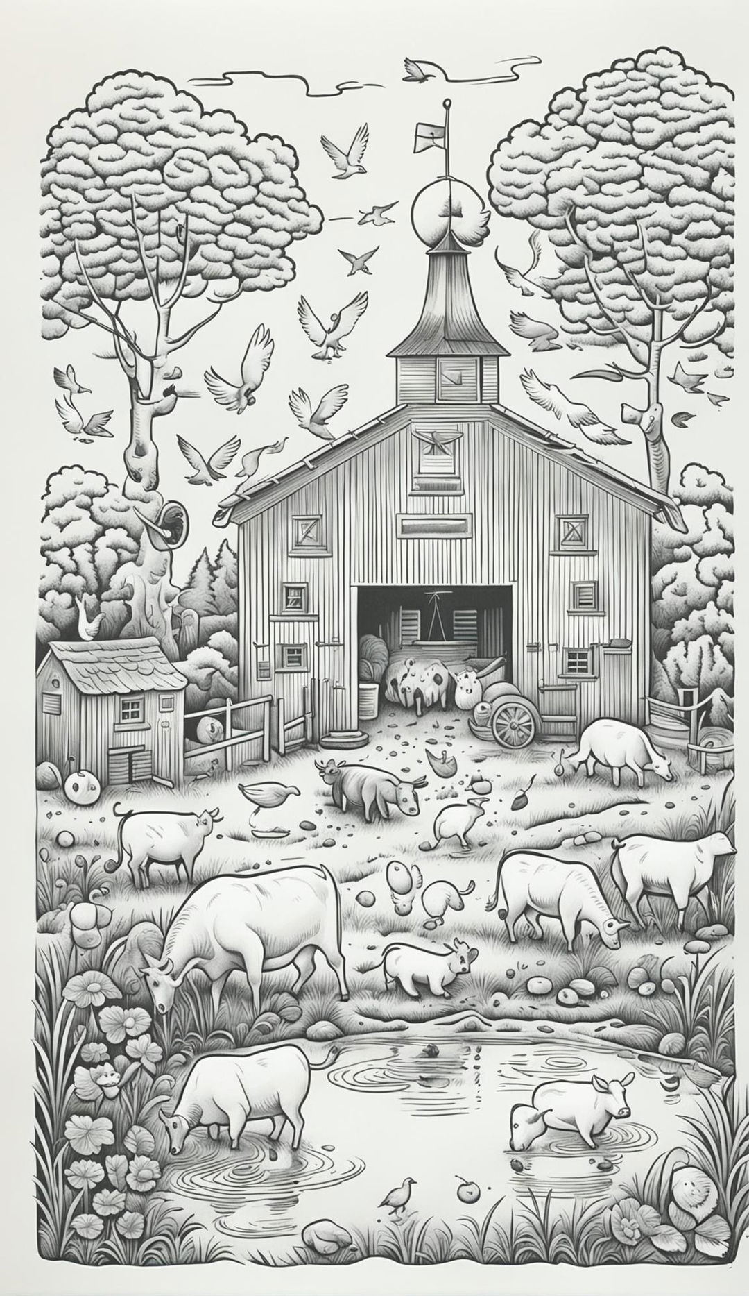 Black and white line-drawn illustration of a farmyard scene with cows, pigs, chickens and a duck around a barn, with an orchard and tractor in the background.