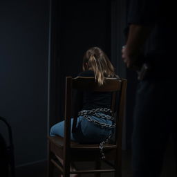 In a dimly lit, mysterious room, a girl in blue jeans and a black shirt is securely tied to a wooden chair with a sturdy chain, conveying a sense of intrigue