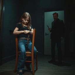 In a dimly lit, mysterious room, a girl in blue jeans and a black shirt is securely tied to a wooden chair with a sturdy chain, conveying a sense of intrigue