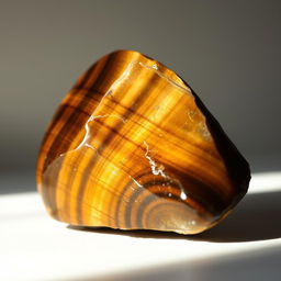 A detailed close-up of a Tigers Eye crystal, showcasing its rich golden-brown hues and striking chatoyant bands