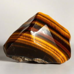 A detailed close-up of a Tigers Eye crystal, showcasing its rich golden-brown hues and striking chatoyant bands