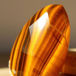 A detailed close-up of a Tigers Eye crystal, showcasing its rich golden-brown hues and striking chatoyant bands