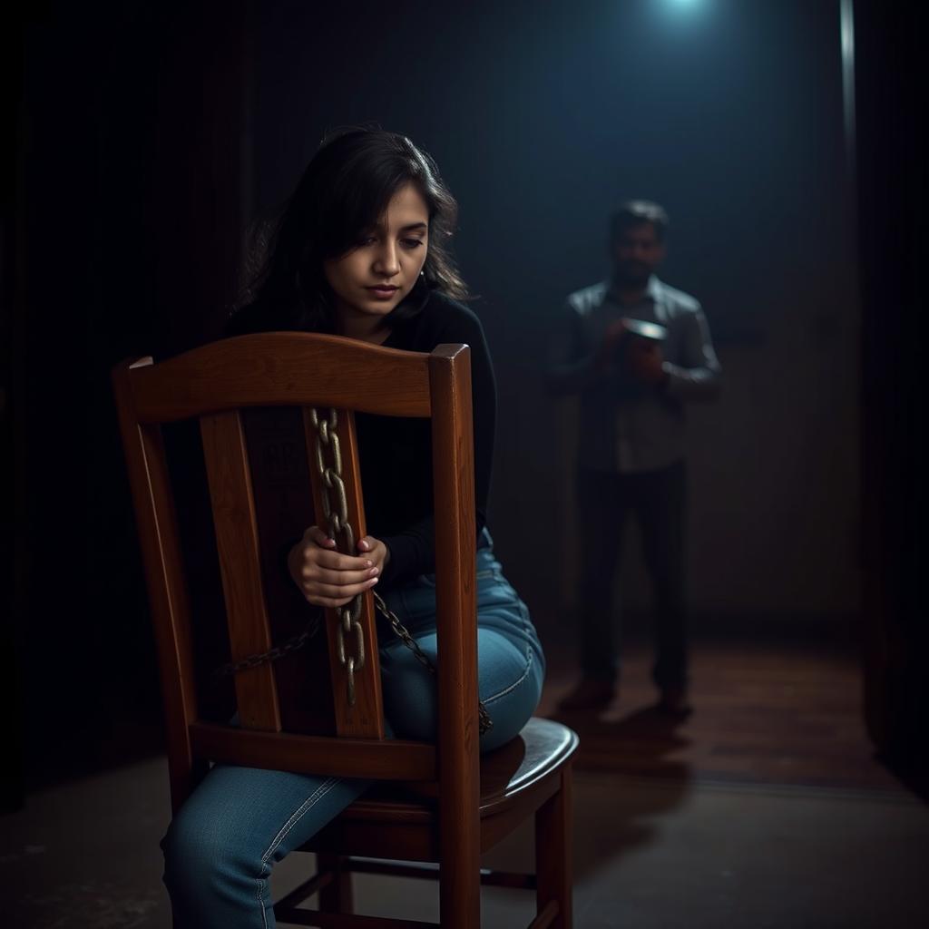 In a tense, dimly lit room, an Indian woman in her 30s, wearing blue jeans and a black shirt, is securely tied to a wooden chair with a sturdy chain, contributing to a sense of mystery