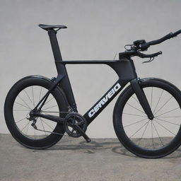 A sleek Cervelo time trial bike, painted jet black, with aerodynamic design.