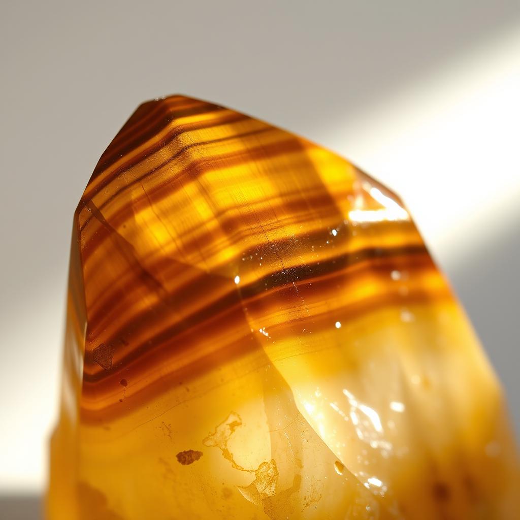 A detailed close-up of a Tigers Eye crystal, showcasing its rich golden-brown hues and striking chatoyant bands