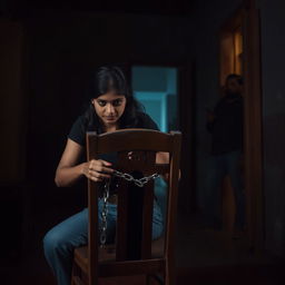 In a tense, dimly lit room, an Indian woman in her 30s, wearing blue jeans and a black shirt, is securely tied to a wooden chair with a sturdy chain, contributing to a sense of mystery