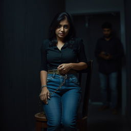 In a tense, dimly lit room, an Indian woman in her 30s, wearing blue jeans and a black shirt, is securely tied to a wooden chair with a sturdy chain, contributing to a sense of mystery