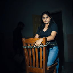 In a tense, dimly lit room, an Indian woman in her 30s, wearing blue jeans and a black shirt, is securely tied to a wooden chair with a sturdy chain, contributing to a sense of mystery