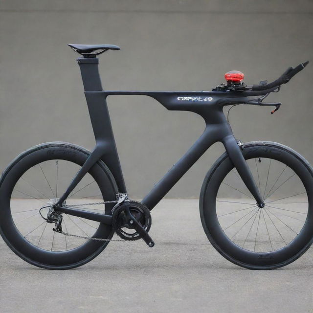 A sleek Cervelo time trial bike, painted jet black, with aerodynamic design.