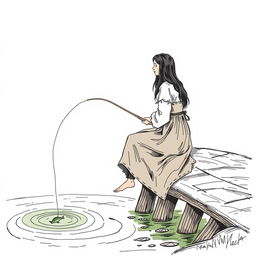 A medieval peasant woman sitting on a pier, fishing with a rod in a small pond