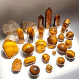 A collection of Tigers Eye crystals in various sizes and shapes, ranging from raw, unpolished stones to smooth, polished spheres