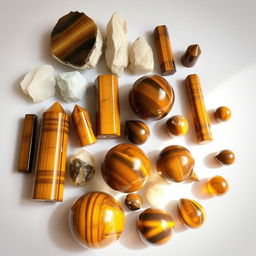 A collection of Tigers Eye crystals in various sizes and shapes, ranging from raw, unpolished stones to smooth, polished spheres