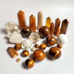 A collection of Tigers Eye crystals in various sizes and shapes, ranging from raw, unpolished stones to smooth, polished spheres