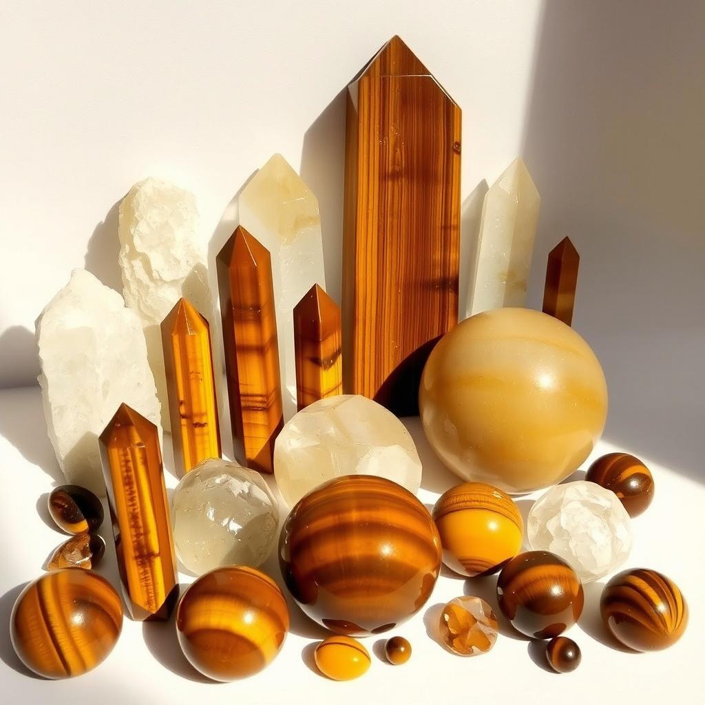 A collection of Tigers Eye crystals in various sizes and shapes, ranging from raw, unpolished stones to smooth, polished spheres