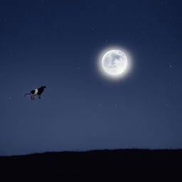 The playful cow is now leaping over a signaturely larger, incredibly radiant moon set against a backdrop of a starlit night sky.