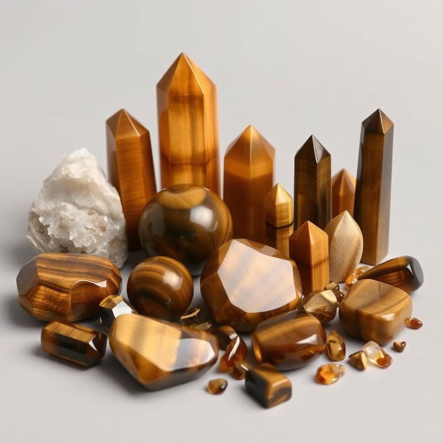 An image featuring a variety of Tigers Eye crystals in different sizes and shapes, each displaying its characteristic golden-brown hues and mesmerizing chatoyant bands