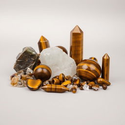 An image featuring a variety of Tigers Eye crystals in different sizes and shapes, each displaying its characteristic golden-brown hues and mesmerizing chatoyant bands