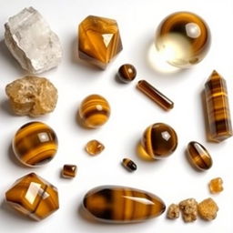 An image featuring a variety of Tigers Eye crystals in different sizes and shapes, each displaying its characteristic golden-brown hues and mesmerizing chatoyant bands