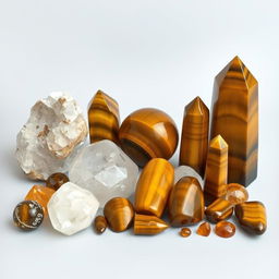 An image featuring a variety of Tigers Eye crystals in different sizes and shapes, each displaying its characteristic golden-brown hues and mesmerizing chatoyant bands