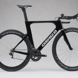 A sleek Cervelo time trial bike, painted jet black, with aerodynamic design.