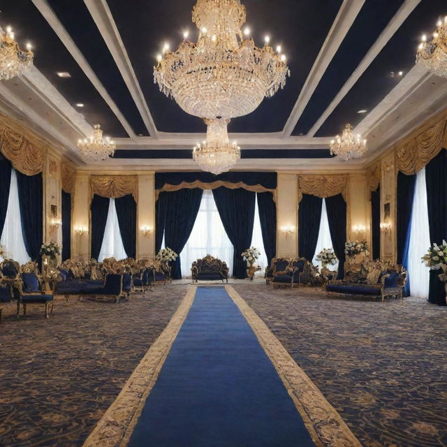 A vast convention hall in a resort, adorned in a sophisticated navy blue and gold theme. The hall exhibits features of opulence with grand chandeliers, elegant seating arrangements, and majestic stage setup.