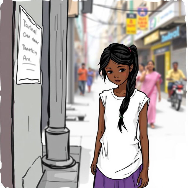 An Indian girl with dark skin is begging on the streets of Calcutta