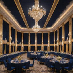 A vast convention hall in a resort, adorned in a sophisticated navy blue and gold theme. The hall exhibits features of opulence with grand chandeliers, elegant seating arrangements, and majestic stage setup.