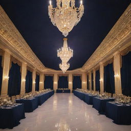 A vast convention hall in a resort, adorned in a sophisticated navy blue and gold theme. The hall exhibits features of opulence with grand chandeliers, elegant seating arrangements, and majestic stage setup.