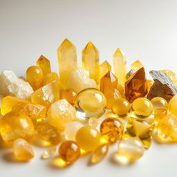 An arrangement of Citrine crystals in various sizes and shapes, displaying their vibrant yellow to golden hues