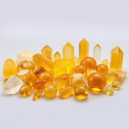 An arrangement of Citrine crystals in various sizes and shapes, displaying their vibrant yellow to golden hues