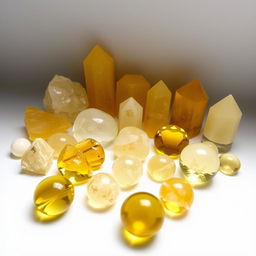 An arrangement of Citrine crystals in various sizes and shapes, displaying their vibrant yellow to golden hues