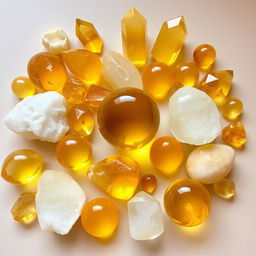 An arrangement of Citrine crystals in various sizes and shapes, displaying their vibrant yellow to golden hues