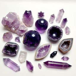 An array of Amethyst crystals in various sizes and shapes, displaying their quintessential purple hues and natural transparency