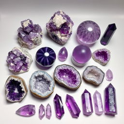 An array of Amethyst crystals in various sizes and shapes, displaying their quintessential purple hues and natural transparency