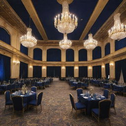 A vast convention hall in a resort, adorned in a sophisticated navy blue and gold theme. The hall exhibits features of opulence with grand chandeliers, elegant seating arrangements, and majestic stage setup.