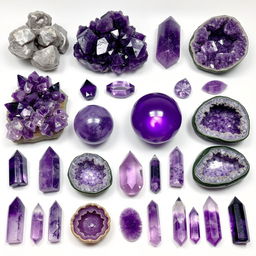 An array of Amethyst crystals in various sizes and shapes, displaying their quintessential purple hues and natural transparency